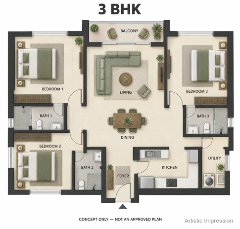 3 BHK floor plan at L&T Sector 86 Gurugram, approx.  2500 sq.ft.