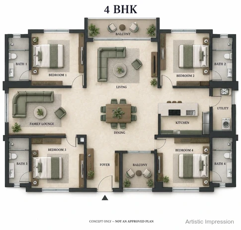 4 BHK floor plan at L&T Sector 86 Gurugram, approx. 5000 sq.ft.
