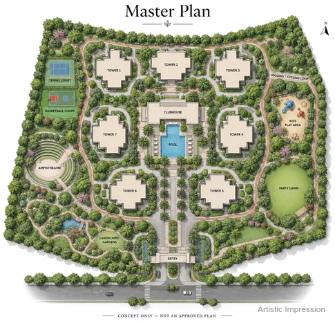 L&T Sector 86 Gurugram master plan showing the towers, landscaped areas and amenity zones at Gurugram